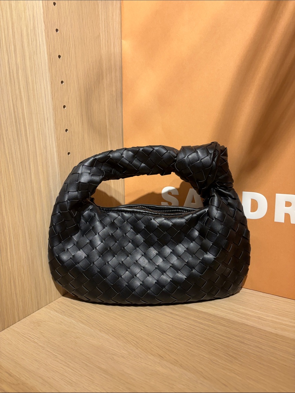 Woven Knot Handle Shoulder Bag - Black